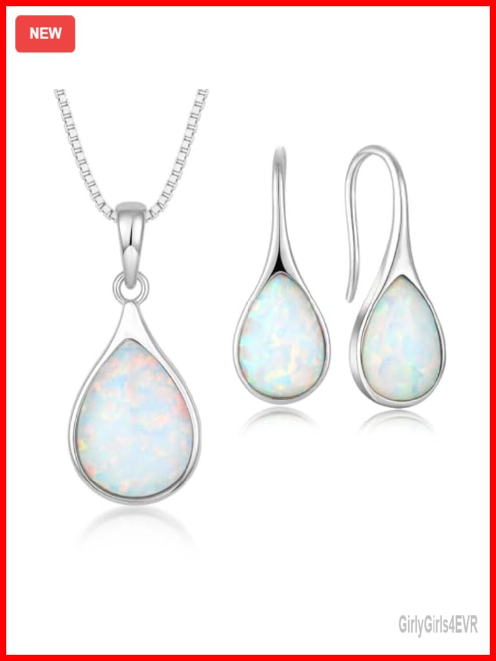 925 Sterling Silver Opal Earring Necklace Set October Birthstone Teardrop